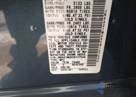 2012 Nissan Murano Sl из США, поврежденный, VIN JN8AZ1MUXCW107544